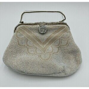 Walborg Hand Beaded Evening Bag White Beige Brass Strap Made in France
